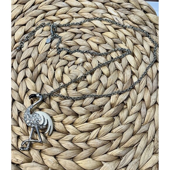 Chicos Clear Rhinestone & Enamel Flamingo Pendant Silver Tone Necklace  30~33in - Picture 8 of 10